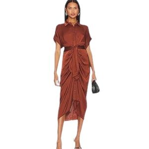 NWT Steve Madden Tori Satin Button Front Tie Waist Midi Dress in Cinnamon - 2